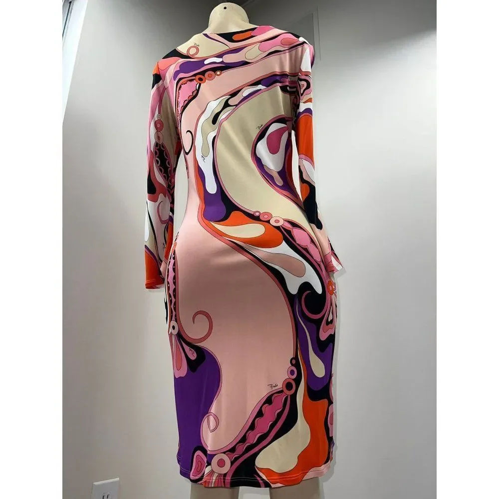 EMILIO PUCCI Pink Abstract Print Long Sleeve Knee Length Jersey Dress Size 10 - Picture 7 of 10